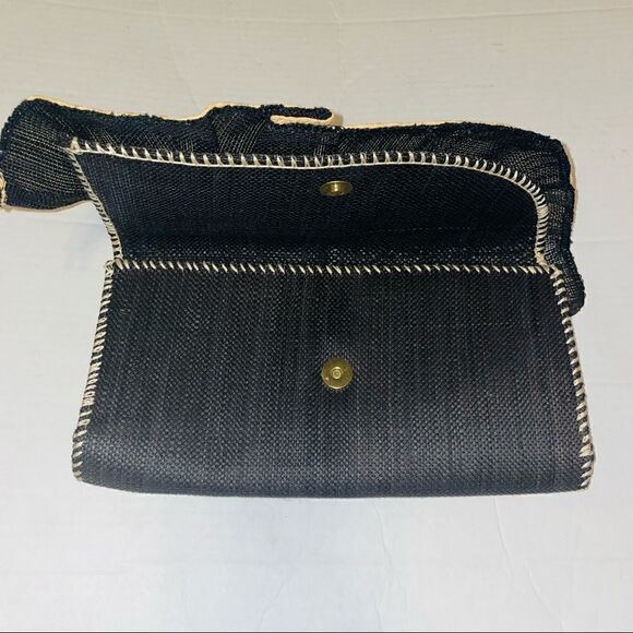 Woven Ruffle Clutch Black Straw Evening Bag Party Purse - Picture 6 of 10